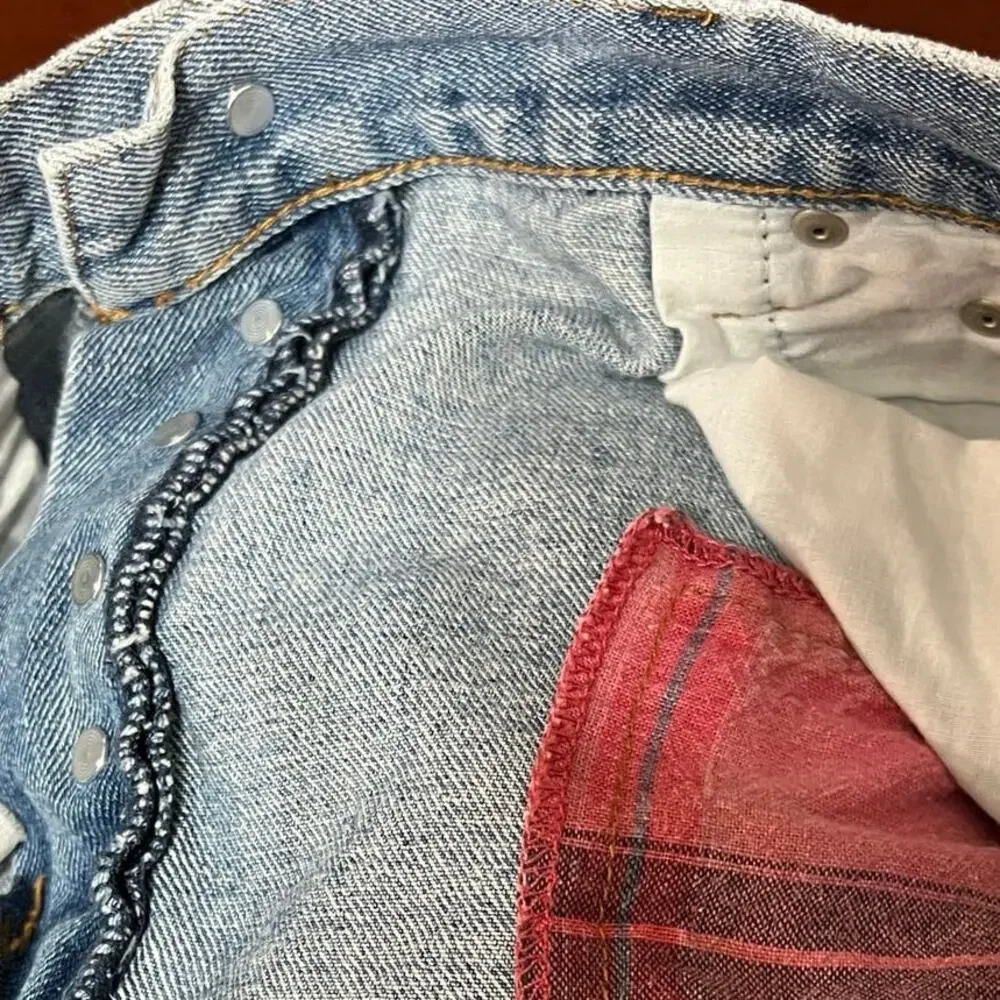 MinkPink women’s M shorts cutoff distressed patched denim button fly 5 pocket